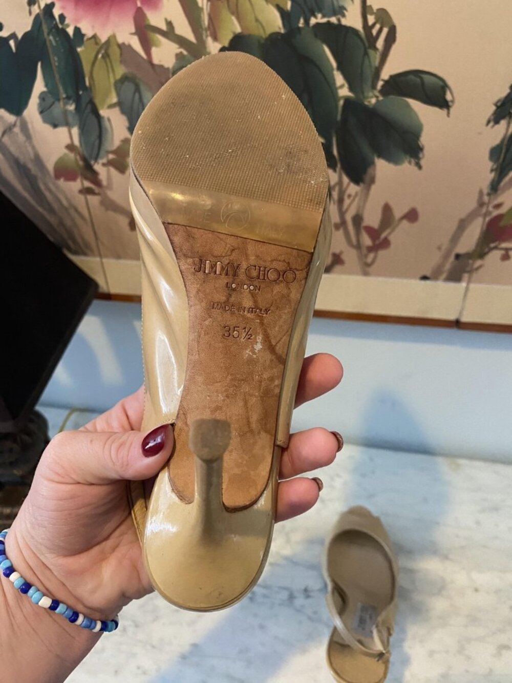 Jimmy Choo Shoes Womens Size 5 Beige Patent Slingback Peep Toe Pumps Italy - Picture 5 of 5